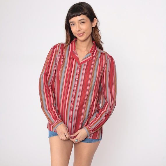 70s Striped Blouse Multi Color Button Front Long Sleeve Red Pink Blue Gray Vertical Stripes Vintage Shirt Collar Top Rainbow Disco Large L