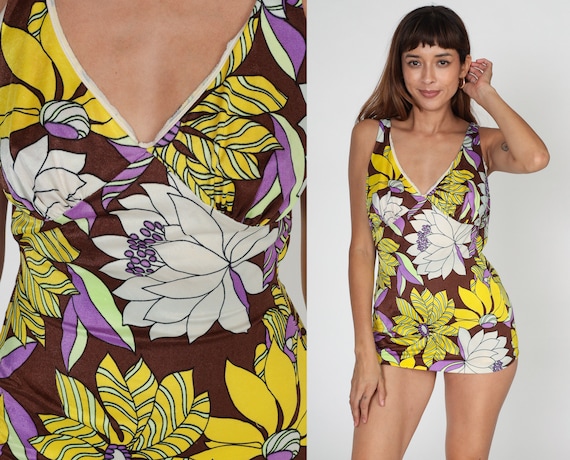 70s Floral Bathing Suit Brown One Piece Swimsuit Open… - Gem