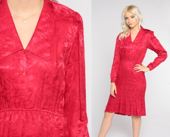 Red Silk Dress 80s Floral Midi Dress Shirtdress P… - image 1