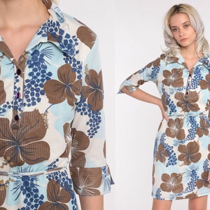 Y2K Mini Dress 90s Floral Print Shirtdress Blue Brown Button Up Dress Rusty 00s 3/4 Sleeve Vintage Collared Shift Medium