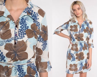 Y2K Mini Dress 90s Floral Print Shirtdress Blue Brown Button Up Dress Rusty 00s 3/4 Sleeve Vintage Collared Shift Medium