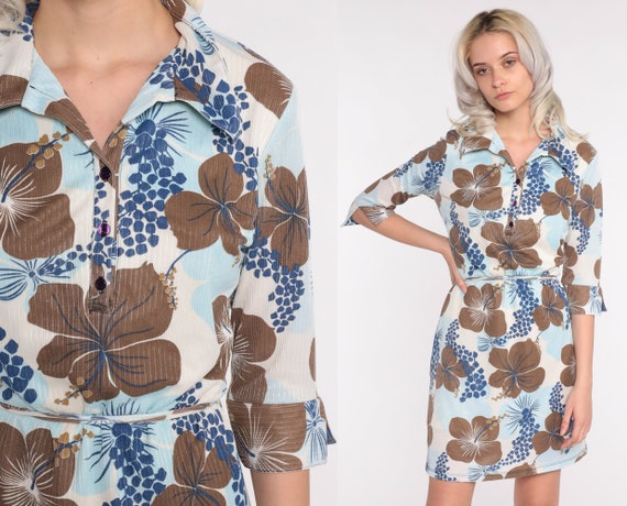 Y2K Mini Dress 90s Floral Print Shirtdress Blue Brown Button Up Dress Rusty 00s 3/4 Sleeve Vintage Collared Shift Medium