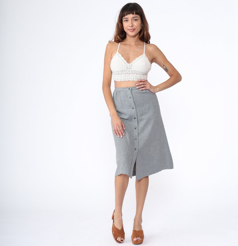 Grey 70s Skirt Button Up Midi Skirt High Waisted 70s Mod Skirt Acrylic Wool Blend High Rise Retro 1970s Vintage Bobbie Brooks Extra Small xs image 2