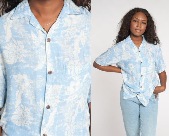 Tropical Shirt Y2k Blue Hawaiian Button Up Shirt Floral Leaf Print Retro Surfer Tourist Top Short Sleeve Summer Beach Vintage 00s Small S