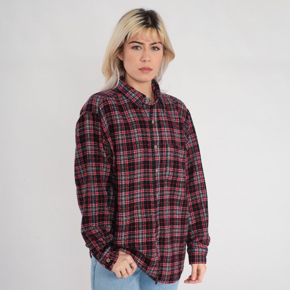 Red Plaid Shirt 90s Flannel Button up Shirt Retro Grunge Lumberjack Long Sleeve Boyfriend Checkered Print Cotton Top Vintage 1990s Large L