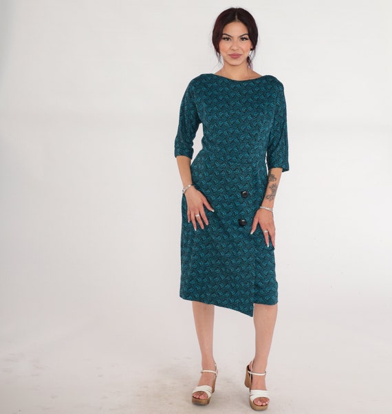 Rose Print Dress 60s Blue Floral Midi Dress High Waisted 3/4 Sleeve Button Skirt Retro Secretary Preppy Wool Blend Knit Vintage 1960s Small