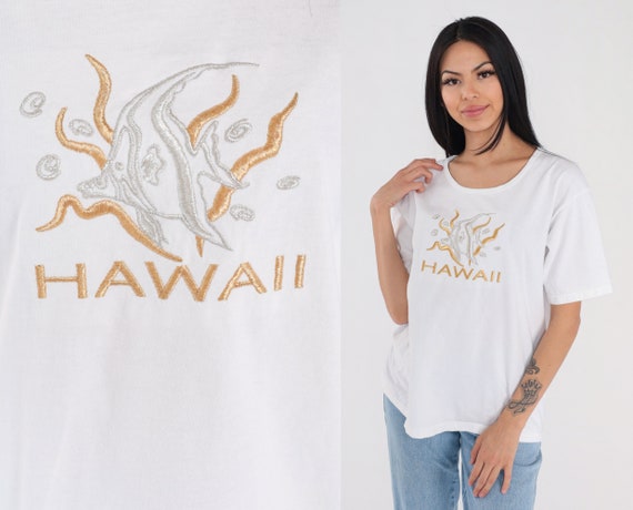 Hawaii T-Shirt 90s Tropical Fish Shirt Metallic Embroidered Graphic Tee Diving Under the Sea Travel Hawaiian White Vintage 1990s Large L