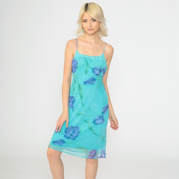 Vintage Floral Chiffon Dress Y2K Turquoise Blue Spaghetti Strap Party Dress 90s Midi Going Out Empire Waist Sundress 1990s Summer Small 5/6