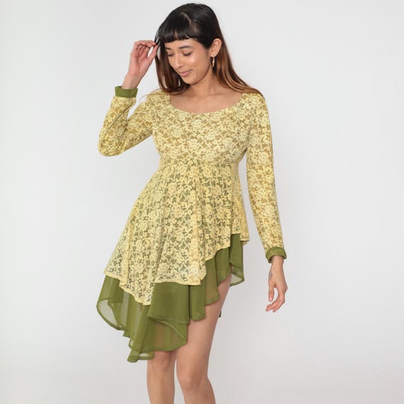 Vintage Lace Dress 60s Yellow Green Asymmetrical Hem Long Sleeve Sheer Boho Hippie High Low Mini 1960s Empire Waist Mini Small Medium