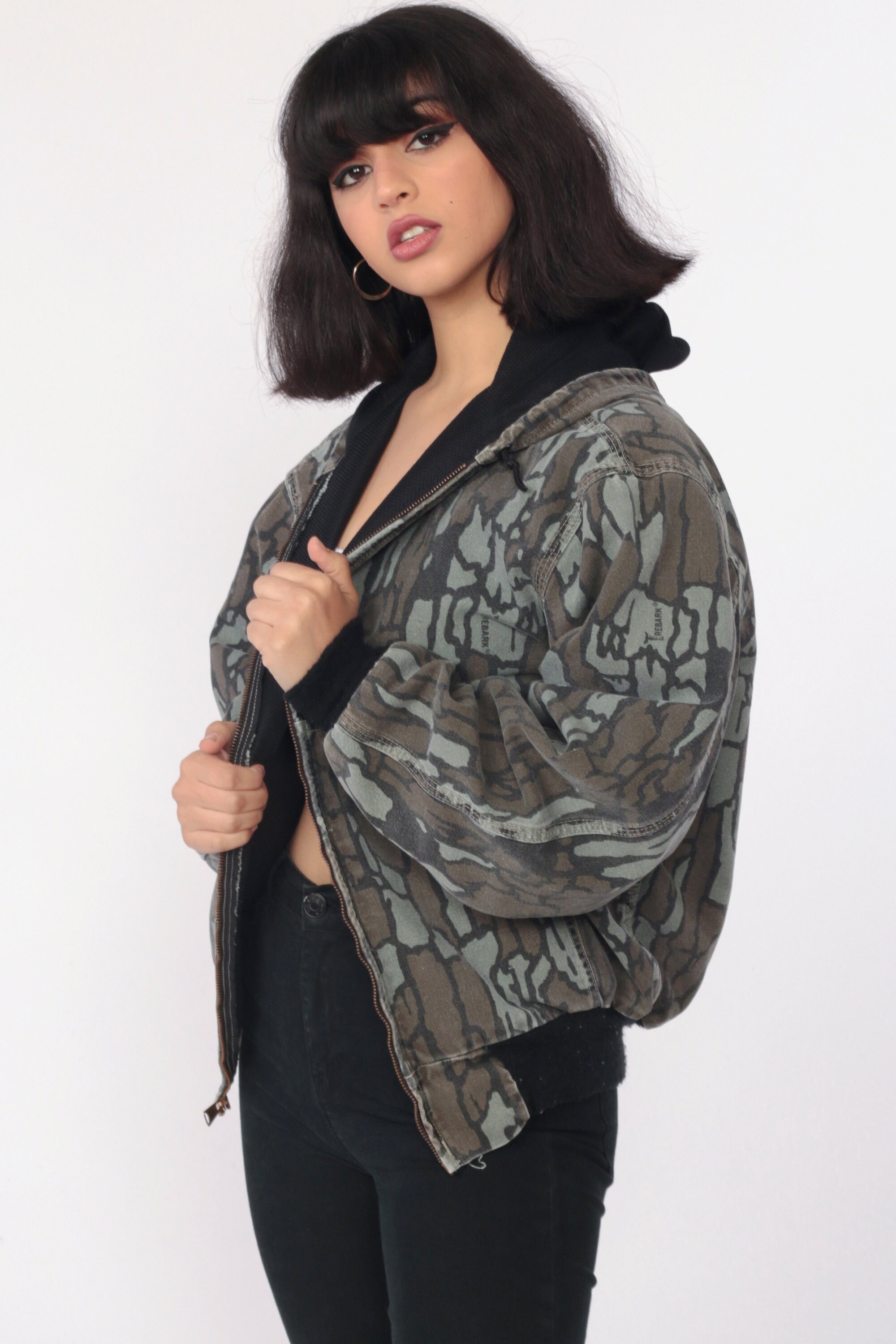 Camo Carhartt Jacket 90s Hooded Camouflage Green Work Wear Cargo Jacket Hood Grunge Zip Up Coat 