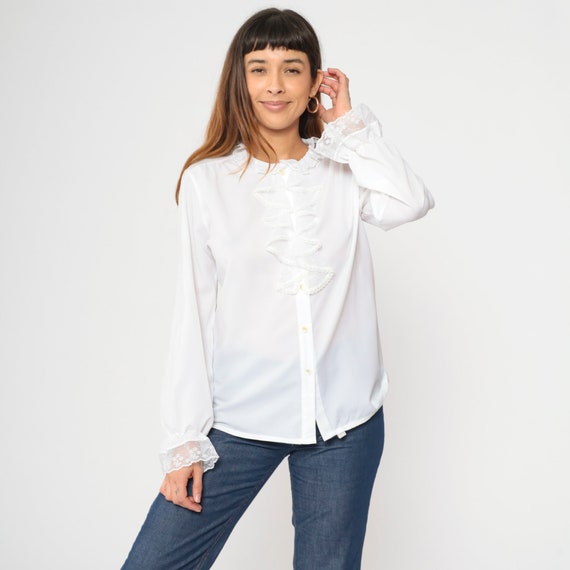 70s White Tuxedo Blouse Lace Jabot Blouse Boho Lace Top Ruffle Shirt Button Up Bohemian Victorian Long Sleeve Secretary Vintage 1970s Medium