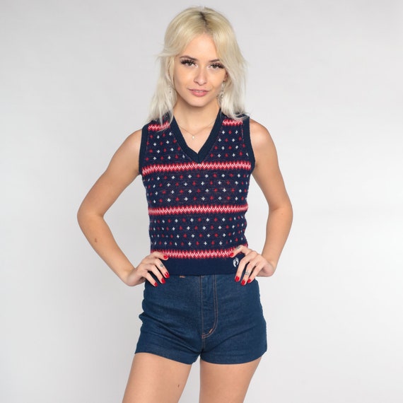 80s Sweater Vest Hang Ten Knit Tank Top Striped Fleur De Lis Print V Neck Pullover Sleeveless Shirt Red White Blue Vintage 1980s Acrylic XS