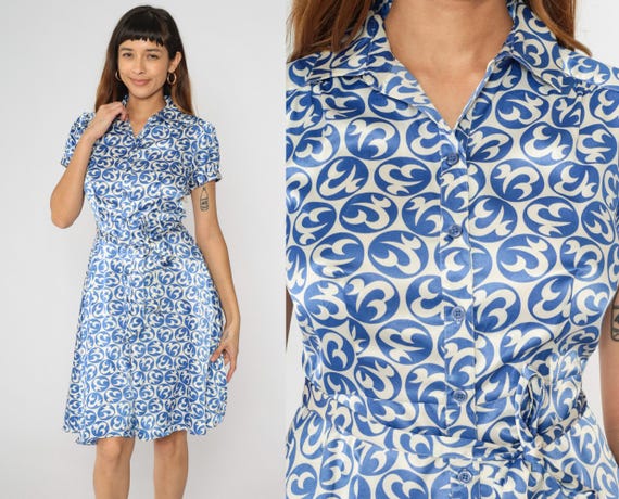 80s Geometric Satin Dress Blue White Patterned Shirt Dress Vintage Short Puff Sleeve Shirtdress Retro Dress Button Front 1980s Midi Small 6P