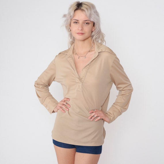 70s Tan Shirt Disco Top Long Sleeve Johnny Collar V Neck Blouse Basic Plain Buttonless Polo Shirt Seventies Neutral Vintage 1970s Large L