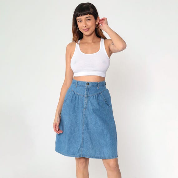 Vintage 80s Western Denim Skirt Mini A-Line Jean Skirt High Waisted Gathered Yoke Pockets Blue 1980s Small S
