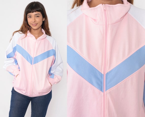 Baby Pink Track Jacket 80s 90s Chevron Color Block Zip up