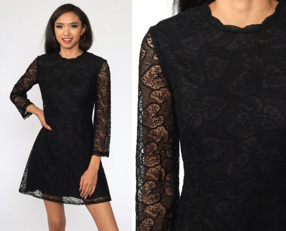 Knee Length Cocktail Dress in Black, Bohemian Party Lace Cocktail