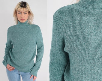 Green Turtleneck Sweater Y2K Ribbed Knit Shirt Long Sleeve White Flecked Sweater Top Basic Tee Turtle Neck Plain Retro Cotton Vintage 00s XL