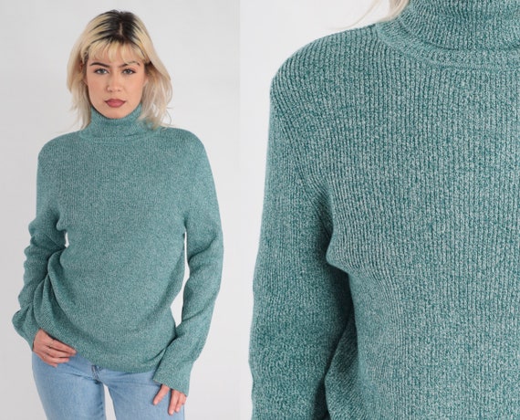 Green Turtleneck Sweater Y2K Ribbed Knit Shirt Long Sleeve White Flecked Sweater Top Basic Tee Turtle Neck Plain Retro Cotton Vintage 00s XL