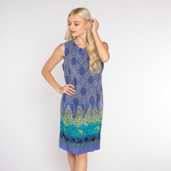 Silk Mini Dress Y2K Purple Sheath Dress Boho Paisley Floral Dot Print Shift Dress Sleeveless Bohemian Hippie Party Vintage 00s Medium M 10
