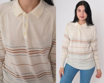 Striped Polo Sweater 80s Off-White Collared Sweater Knit Pullover Half Button up Jumper Raglan Sleeve Preppy Retro Vintage 1980s Medium M