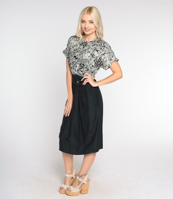 Silk Pencil Dress 90s Black White Midi Dress Abstract Floral Paisley Print Sheath Short Sleeve Retro Belted Secretary Vintage 1990s Small 6