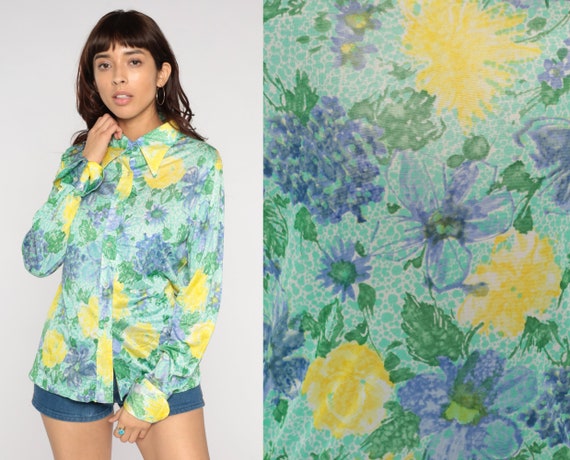 70s Floral Shirt Green Boho Button Up Disco Shirt Dagger Collar Top Groovy Bohemian Blouse Vintage 1970s Hippie Long Sleeve Medium Large