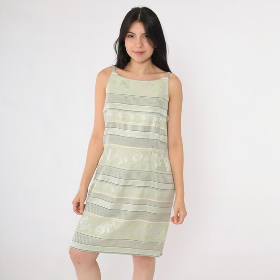 Y2K Jacquard Mini Dress Green Floral Striped Sheath Sleeveless Vintage 00s Hourglass Cocktail Spaghetti Strap Medium 10