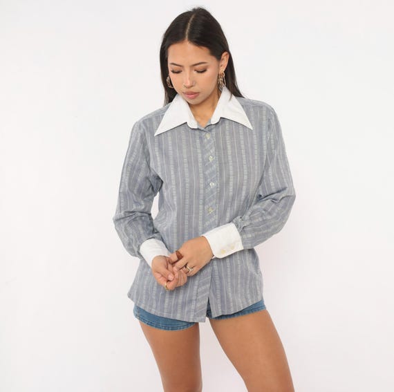 70s Grey Striped Button Up Shirt Contrast Collar Cuffs Geometric Long Sleeve Preppy Boyfriend Fit Menswear Dark Academia Top Womens Medium M