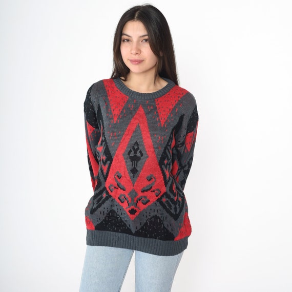 1980s Bold Geometric Sweater Red Black Statement Knit Oversized Pullover Vintage Crewneck Long Sleeve Warm Winter Jumper Unisex Medium