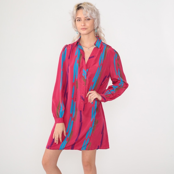 Vintage Fuchsia Striped Mini Dress 80s Pink Button Up Puff Sleeve Retro Girly Secretary Shirtdress Day Minidress 1980s Medium M