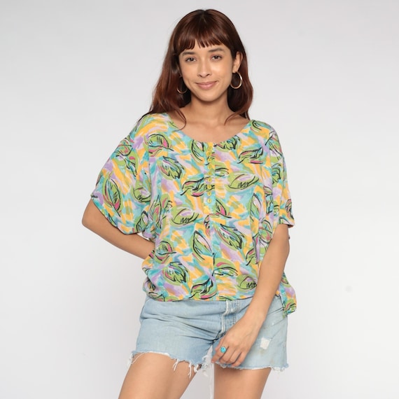 Tropical Leaf Blouse Print Button Front Short Sleeve Rayon 90s Summer Vacation Top Mediterranean Style Botanical Abstract Pattern Medium M