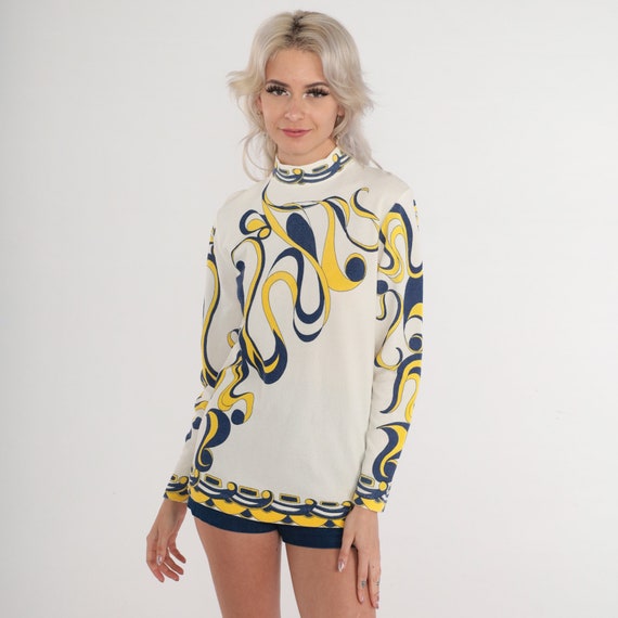 70s Psychedelic Blouse Mod Top Abstract Swirl Print Mock Neck Shirt Groovy Seventies Long Sleeve White Blue Yellow Vintage 1970s Small S