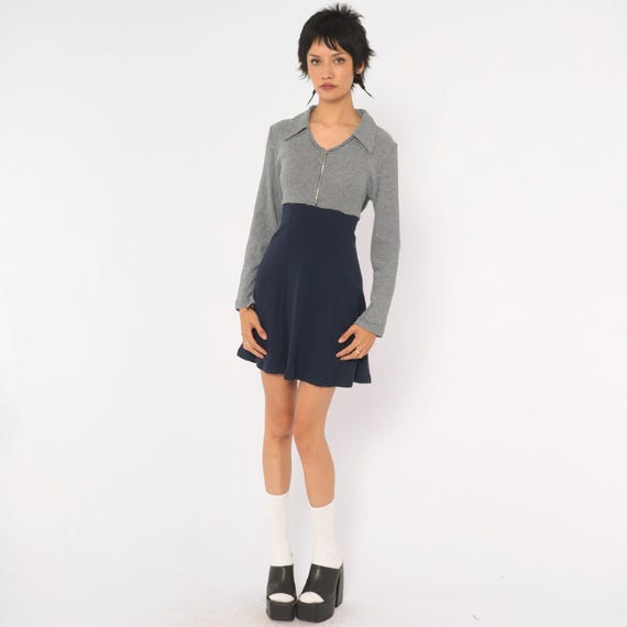 90s Navy Striped Mini Dress Collar Long Sleeve Cotton Fit And Flare Blue White Stripe Skater Preppy Color Block A Line Vintage Small S