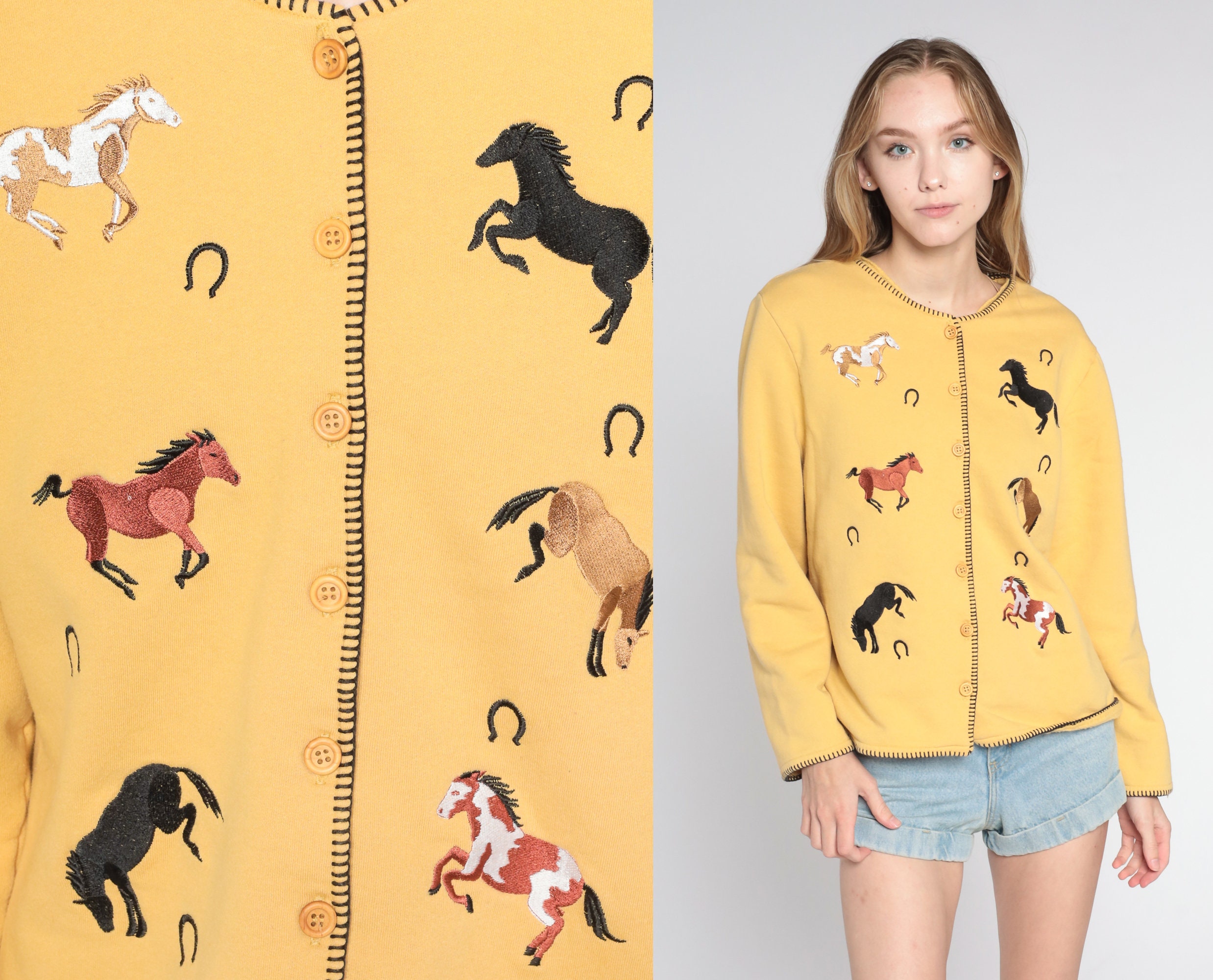 Horse Cardigan 90s Button up Sweater Embroidered Horses Horseshoes