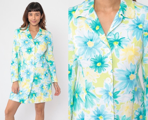 Floral Mini Dress 90s Lime Green Blue Flower Power Button Up Dress Princess Seam Sheath Casual Shirtdress Long Sleeve Vintage 1990s Medium 8