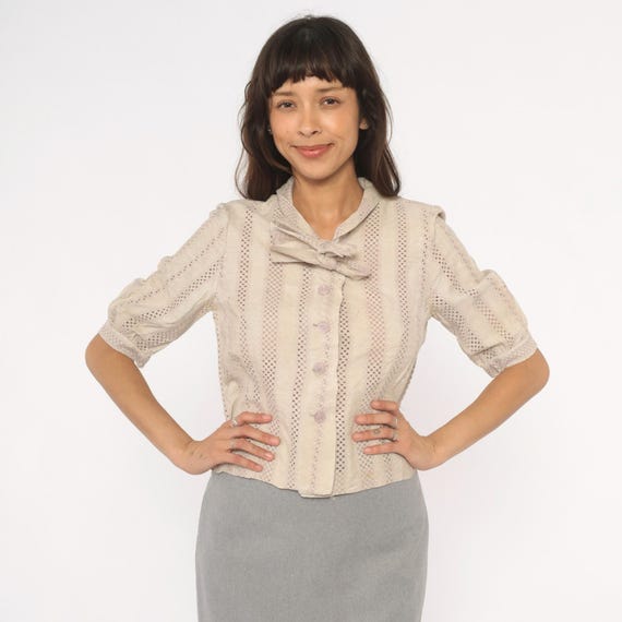 Eyelet Bow Blouse 70s Cream Button Front Puff Sleeve Collar Tie Neck Top Ivory Cotton Lace Striped Semi Sheer Feminine Shirt Beige Small S