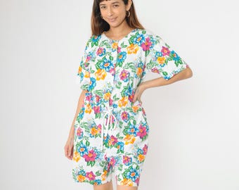 Vintage Tropical Floral Romper 90s Macau Playsuit White Nautical Button up Wide Leg Shorts Drawstring Waist Short Sleeve 1990s Medium M