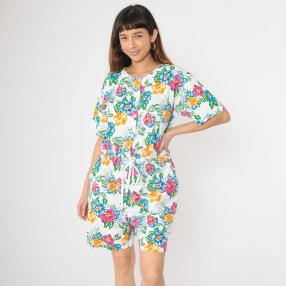 Vintage Tropical Floral Romper 90s Macau Playsuit White Nautical Button up Wide Leg Shorts Drawstring Waist Short Sleeve 1990s Medium M