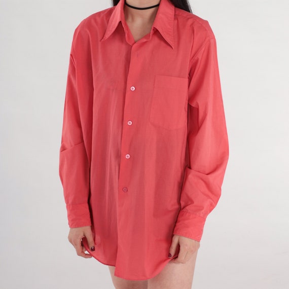 70s Button Up Shirt Coral Pink Long Sleeve Collar… - image 6