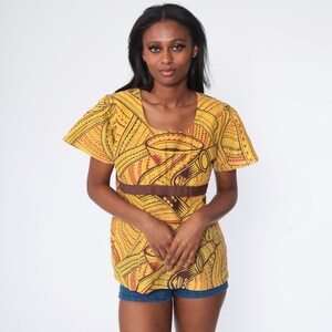 African Babydoll Top 70s Hippie Shirt Puff Sleeve Boho Yellow Top Bohemian Tribal Empire Waist Shirt Vintage Short Sleeve Medium image 3