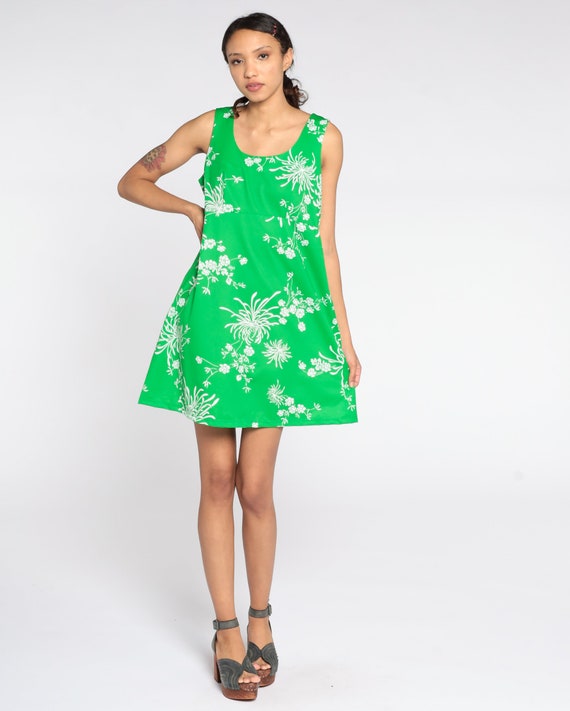 70s Babydoll Dress Green Dress Hawaiian Mini Dres… - image 2