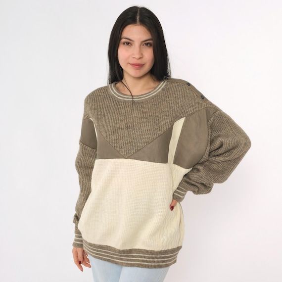 Vintage 80s Color Block Leather Sweater Cream Taupe Patch Slouchy Crewneck 1980s Textured Ribbed Pullover Medium Large
