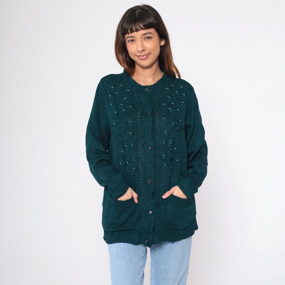 Beaded Floral Cardigan 90s Pearl Sweater Blue Black Flecked Button up Sweater Flower Knitwear Pocket Vintage 1990s Large L