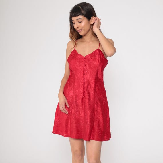 Victoria's Secret Red Mini Slip Dress 90s Red Floral Jacquard Babydoll Coquette Y2K Party Nightgown Date Night Valentines Day Lingerie Large