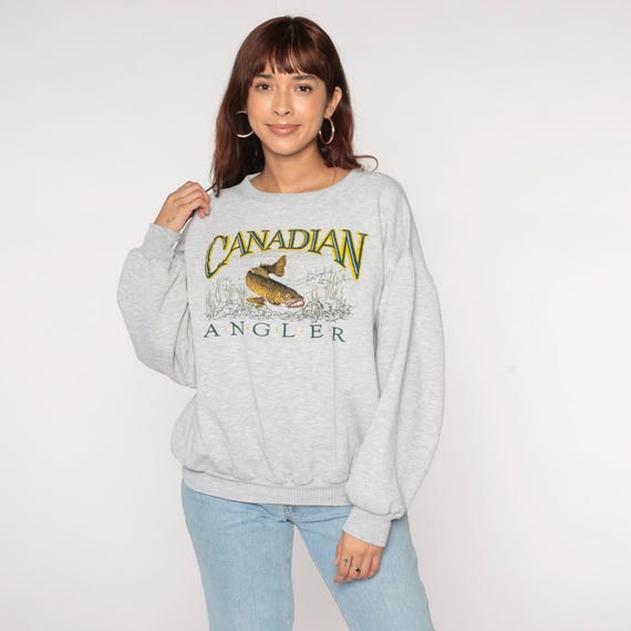 Vintage 90s Canadian Angler Sweatshirt Embroidered Fish Pullover Grey Fishing Shirt Canada Fisherman Crewneck Marshlands Extra Large xl