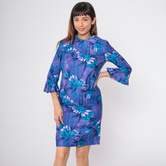 60s Hawaiian Mini Dress Blue Purple Tropical Flor… - image 2