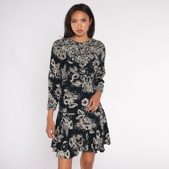 90s Floral Dress Black Party Dress Drop Waist Mini Dress Ruffle Flower Print Low Waisted Retro Long Sleeve Flounce Vintage 1990s Small 6