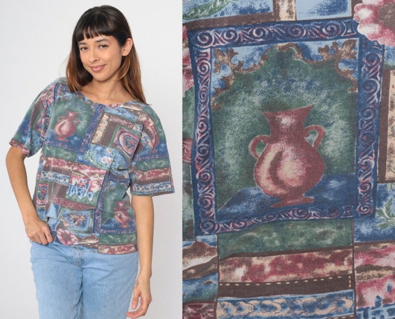 Tapestry Patchwork Shirt 90s Castle Print Top European Landscape Crest Vase Tshirt Graphic Top Short Sleeve 1990s Vintage Cotton Large