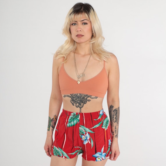Vintage Tropical Floral Shorts 80s Red Jungle Shorts Summer Boho Hippie High Waisted Retro Bohemian 1980s Striped Small xs